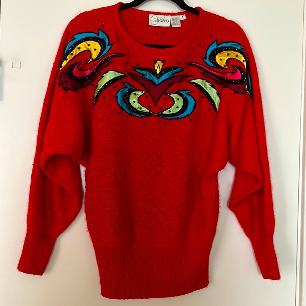Vintage 80s Vibrant Bedazzled Beaded Embellished Red Sweater Size Medium